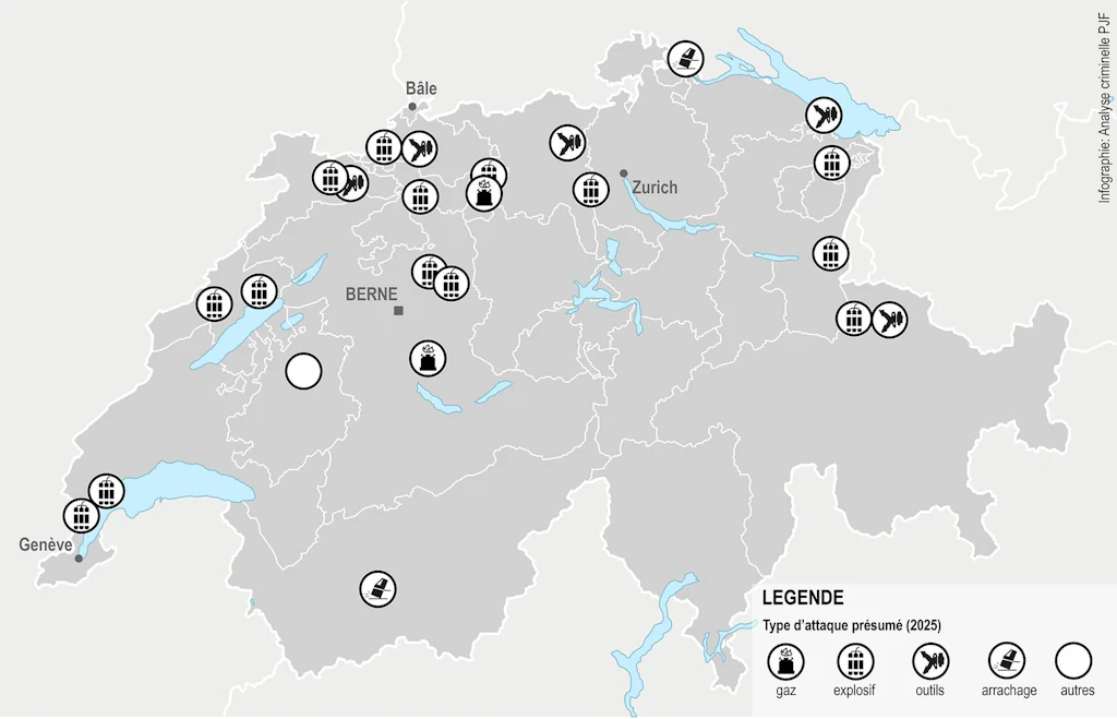 Infographie: Carte de la Suisse - attaques de bancomats. Type d'attaque présume (gaz, explosif, outils, arrachage)