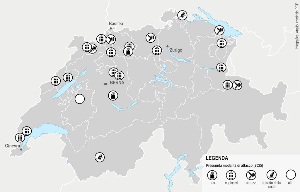 Infografica: Carta geografica della Svizzera - attachi ai bancomat. Pressunta modalità di attacco (Gas, Esplosivi, Altrezzi, Asportato dalla sua sede)